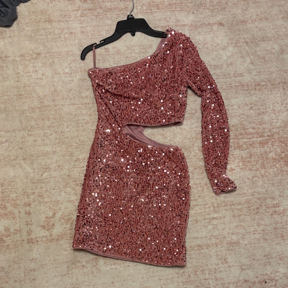 SHEIN Pink Sequin One-Shoulder Mini Dress